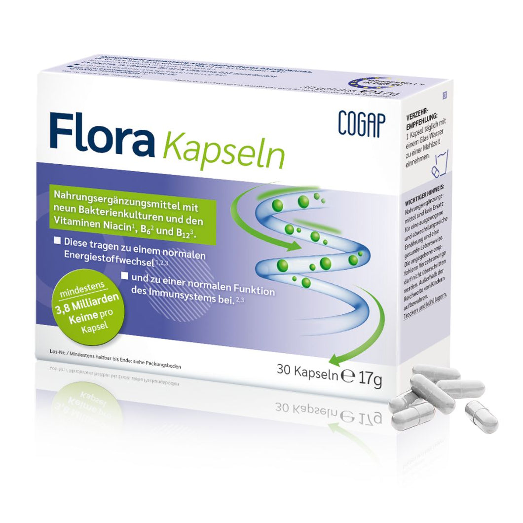 Flora Kapseln | 30 Kapseln mit mind. 3,8 Milliarden Keimen pro Kapsel und B-Vitaminen